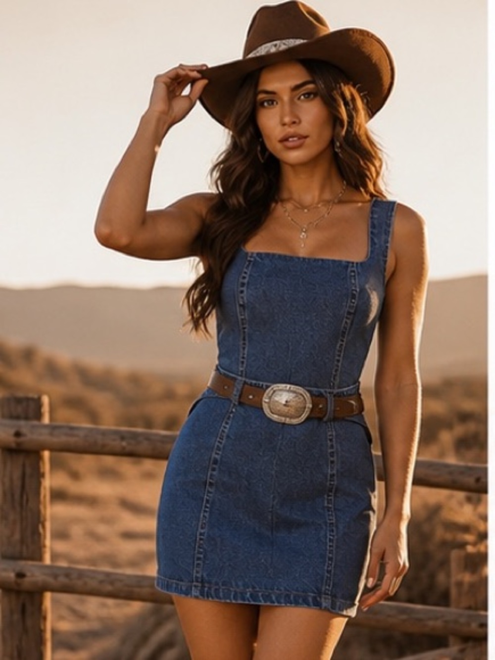 Avec Les Filles Denim Square-Neck Mini Dress in Blue
